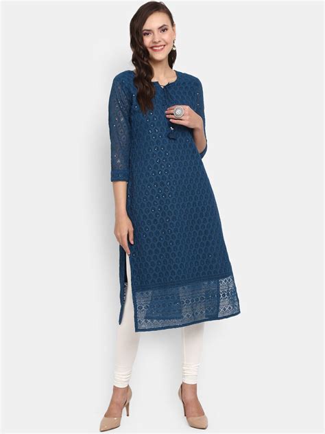 V-Mart Women Navy Blue Ethnic Motifs Embroidered Thread Work Kurta ...