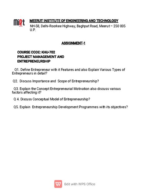 Assignment OF UNIT - 1 OF Project Management AND Entrepreneurship ...