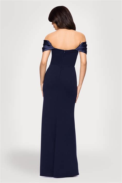"Taylor" Scuba Crepe Off the Shoulder Satin Sleeves Navy Floor Length ...