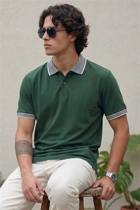 Olive Stripped Collar Regular Fit Exclusive Pique Lycra Polo T-Shirt ...