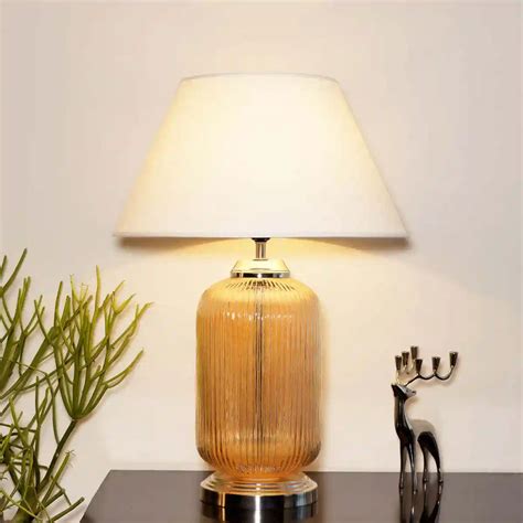 MALOTO Amber Luster and Nickel Finish Table Lamp With White Cotton Sha ...