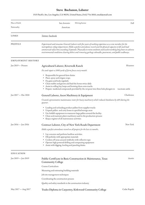 General Labor Resume Template Word
