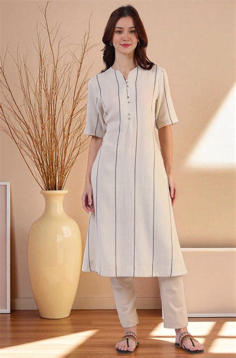 Buy Light Beige Yarn Dyed Striped Short Sleeves Cotton Blend Kurta ...