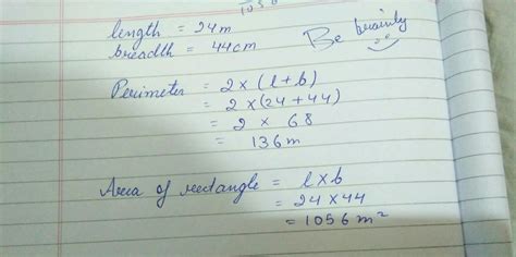 Find perimeter nd area of rectangular park wit length= 24m nd breadth ...