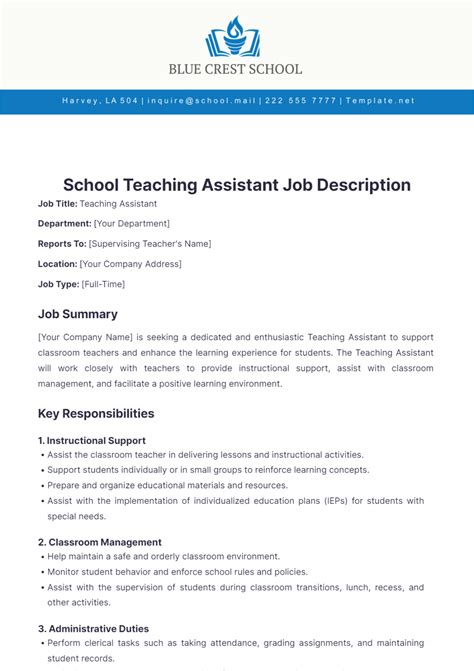 Free School Teaching Assistant Job Description Template to Edit Online