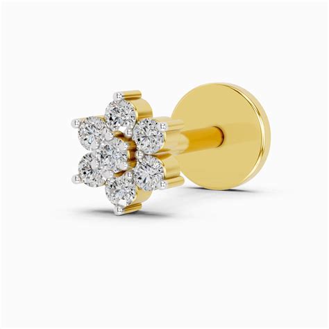 14K Yellow Gold-Screw 0.07 Carat Diamond Round Shape floral cluster No ...