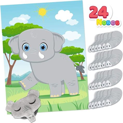 Buy 24 pieces Pin the Nose on the Elephant Party Game with a poster of ...