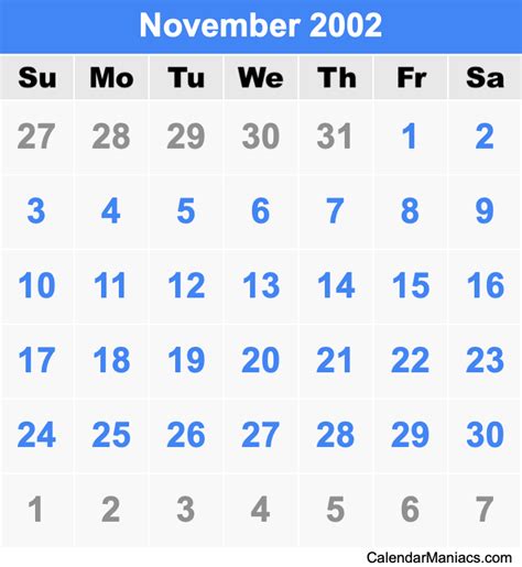 November 2002 Calendar