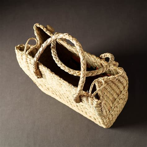 Beige Handcrafted Natural Water Reed Embroidered Shopping Bag