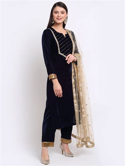 Exquisite Blue Zari Embroidered Velvet Kurti with Gota Pants and Sequi ...