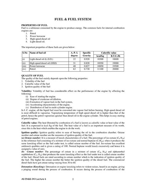 Lecture 6 Fuel System - FUEL & FUEL SYSTEM PROPERTIES OF FUEL Fuel is a ...