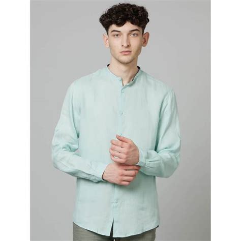 Mint Green Classic Mandarin Collar Linen Casual Shirt (DATAMAO) | Celio