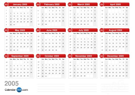 Calendar for year 2005 United States | United States Calendar