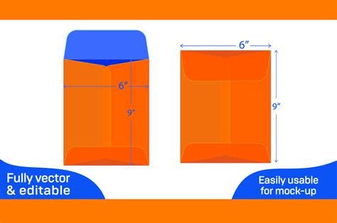 Open end envelope, 6x9 inch catalog envelope dieline template 3D box ...