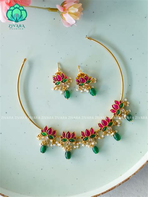 GREEN BEADS Cute LOTUS hasli NECK WEAR WITh EARRINGS - Premium quality ...