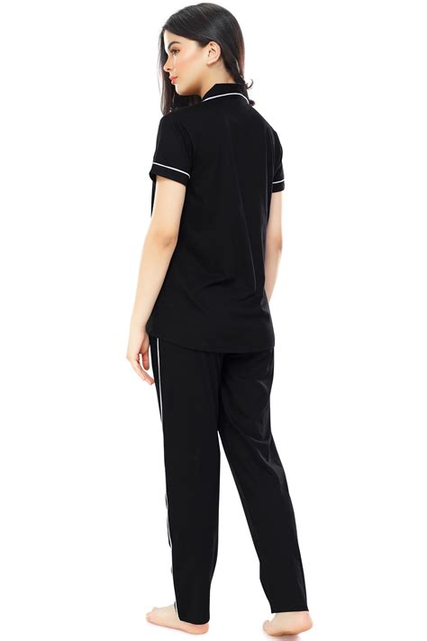 ZEYO Women's Cotton Black Solid Stylish Night suit set