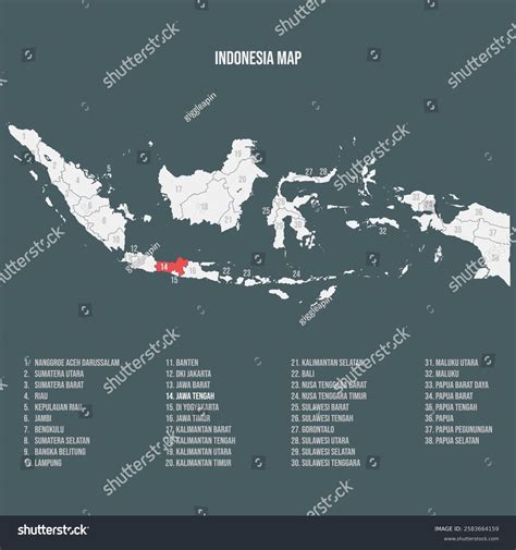 Indonesia Map 38 Provinces Jawa Tengah Stock Vector (Royalty Free) 2583664159 | Shutterstock