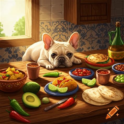 Cream French bulldog on a kitchen table with Mexican food like tacos ...