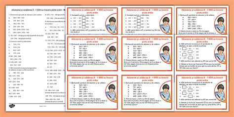 Adunarea și scăderea 0-1000 cu trecere peste ordin Fișe de lipit în caiet