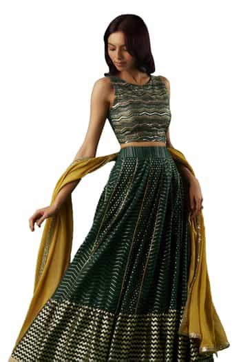 Buy Green Georgette, Brocade Sequins Round Mystic Embellished Chevron ...