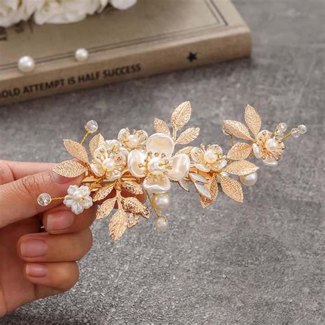 Amazon.com : JAKAWIN Flower Wedding Hair Clip Gold Pearl Hair Piece ...