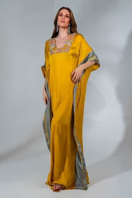 Buy Yellow Modal Satin Embroidered Applique U Neck Floral Kaftan For ...