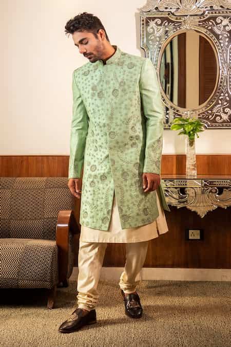 Buy Green Silk Thread, Pearl And Sequin Work Embroidered Sherwani Kurta ...