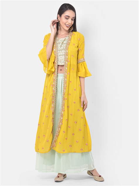 Neerus Aqua & Yellow Embellished Top & Palazzo Set With Shrug – Neerus ...