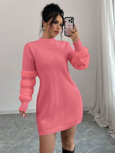 Elenzga Women Stand Collar Drop Shoulder Long Sleeve Short Knit Sweater ...