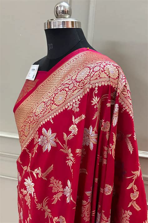 Dark Pink Jasmine Jaal Katan Silk Banarasi Saree – Mohsin Textiles
