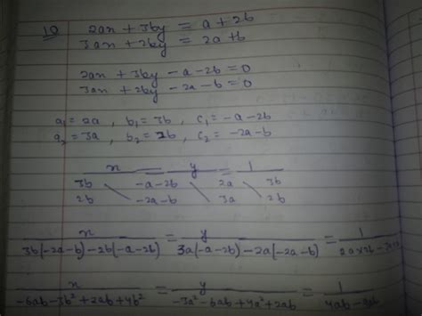 Solve 2ax + 3by = a + 2b ; 3ax + 2by = 2a+b - Brainly.in