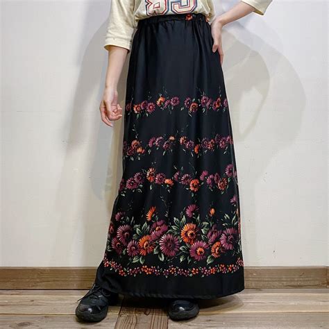 70s black flower printed long skirt | LEMON