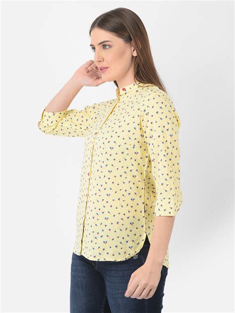 Yellow Floral Printed Linen Mandarin Collar Shirt- Crimsoune Club