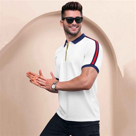Half Sleeve Polo Zip Type White Contrast Collar T-shirt – TRIPR