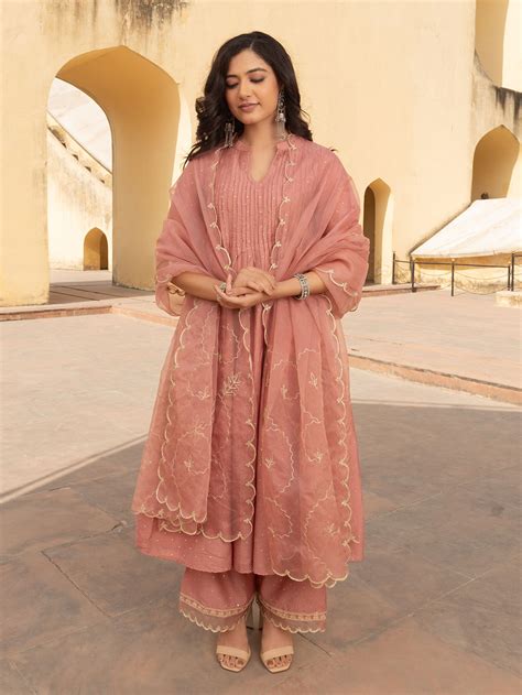 Mint Green Mukaish Work Chanderi Suit- Set of 3
