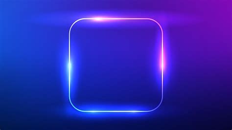 Neon rounded square frame with shining effects on dark blue background ...