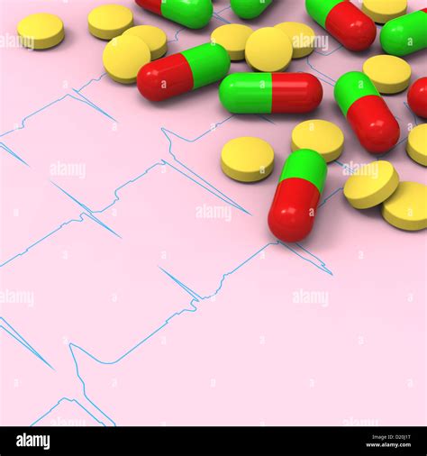 3D model of yellow pills and red green capsules on abnormal electrocardiogram (ECG) report Stock ...