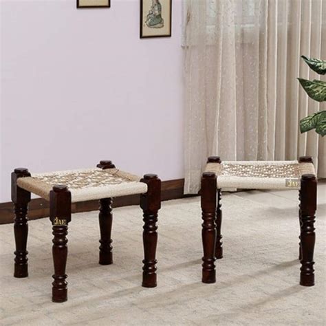 JAE Furniture Woven Stools in Sheesham Wood | Cotton-Jute Rope | Wooden ...