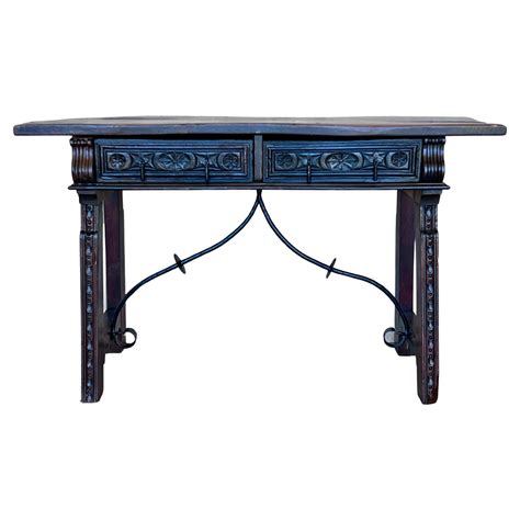 19th Spanish Console Table with Two Carved Drawers and Original ...