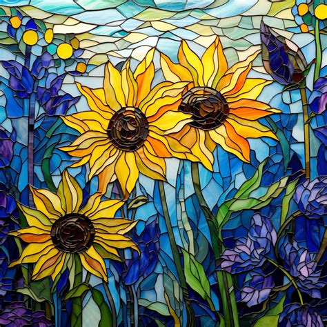 Premium Photo | Bluebells Sunflowers Stained Glass