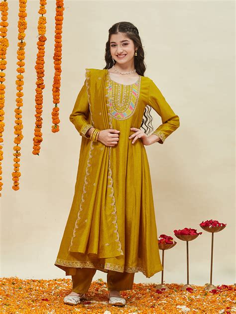 Mustard Silk Embroidered Anarkali Pant & Dupatta Set for Girls