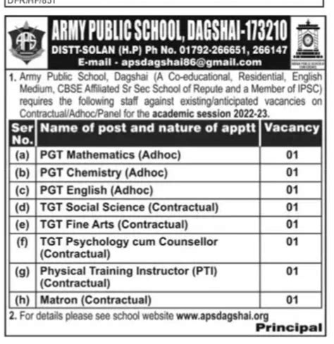 JOBS OF TODAY: ARMY PUBLIC SCHOOL DAGSHAI, SOLAN RECRUITMENT OF TEACHERS
