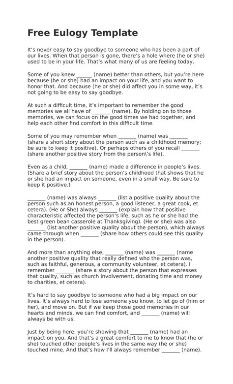 Free Printable Eulogy Templates [Mother, Father, Friend, Brother ...