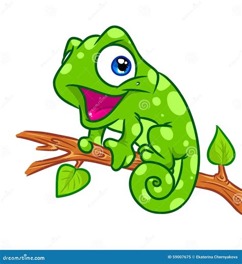 Cheerful Chameleon Tree Branch Cartoon Illustration Stock Illustration ...