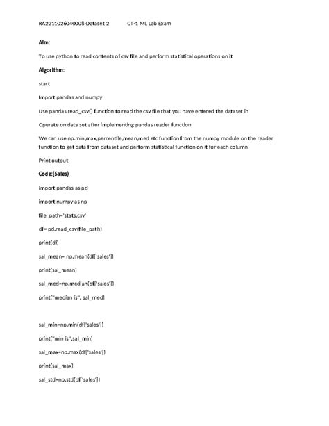 2 ML Lab Exam: Python CSV Operations and Statistical Analysis - Studocu