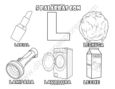 Cinco Palabras con la letra L dibujo a color y para colorear