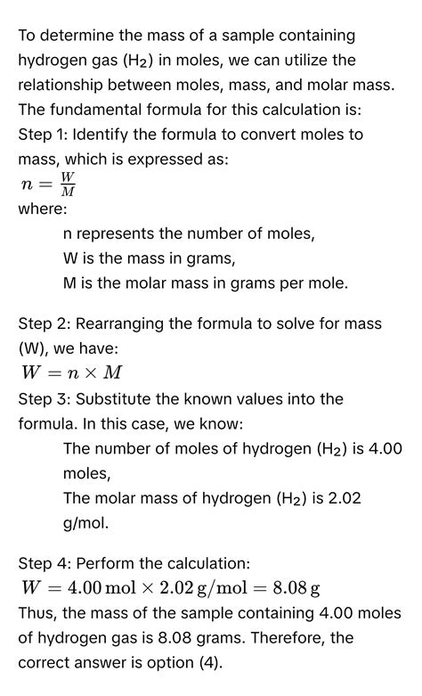 Solved: The molar mass of hydrogen h2 is 2.02 g/mol. a sample contains ...