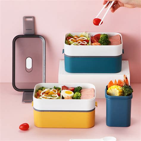 日本简约双层饭盒塑料可爱日式便当盒微波炉加热便携带盖分格餐盒_虎窝淘