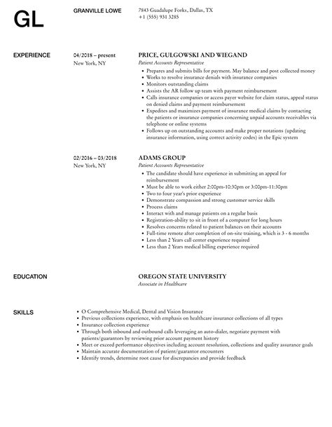 Patient Accounts Representative Resume Samples | Velvet Jobs