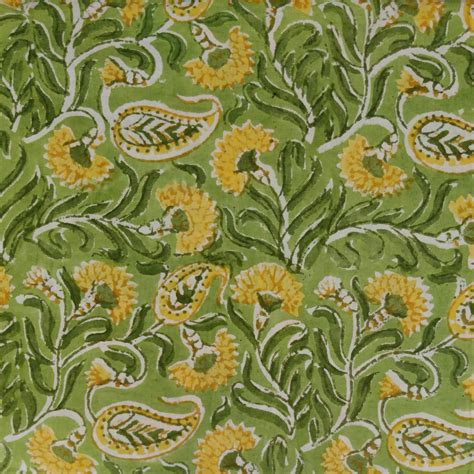Pre-Cut (1.25 Meter )Pure Cotton Jaipuri Green With Yellow Kairi And F ...